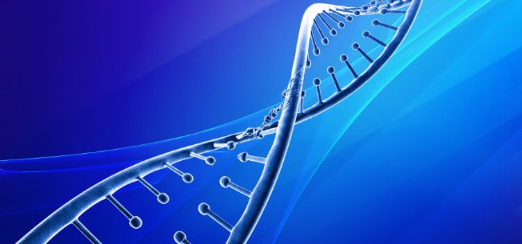 #ParaTodosVerem: Ilustração em cor azul apresenta uma molécula de DNA posicionada de forma transversal, da esquerda para a direita.