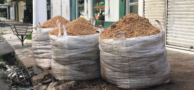 #ParaTodosVerem: Fotografia evidencia resíduos compostos por caroços de açaí. Eles estão em sacos de fibra, dispostos em uma calçada.