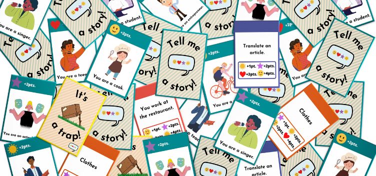 #ParaTodosVerem: Ilustração colorida reproduz cards que compõem jogo de cartas chamado Tell me a story!.